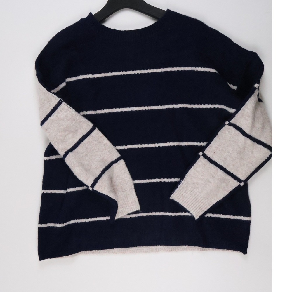 Sunday Reversible Striped Crewneck Sweater Navy Beige Medium NWT